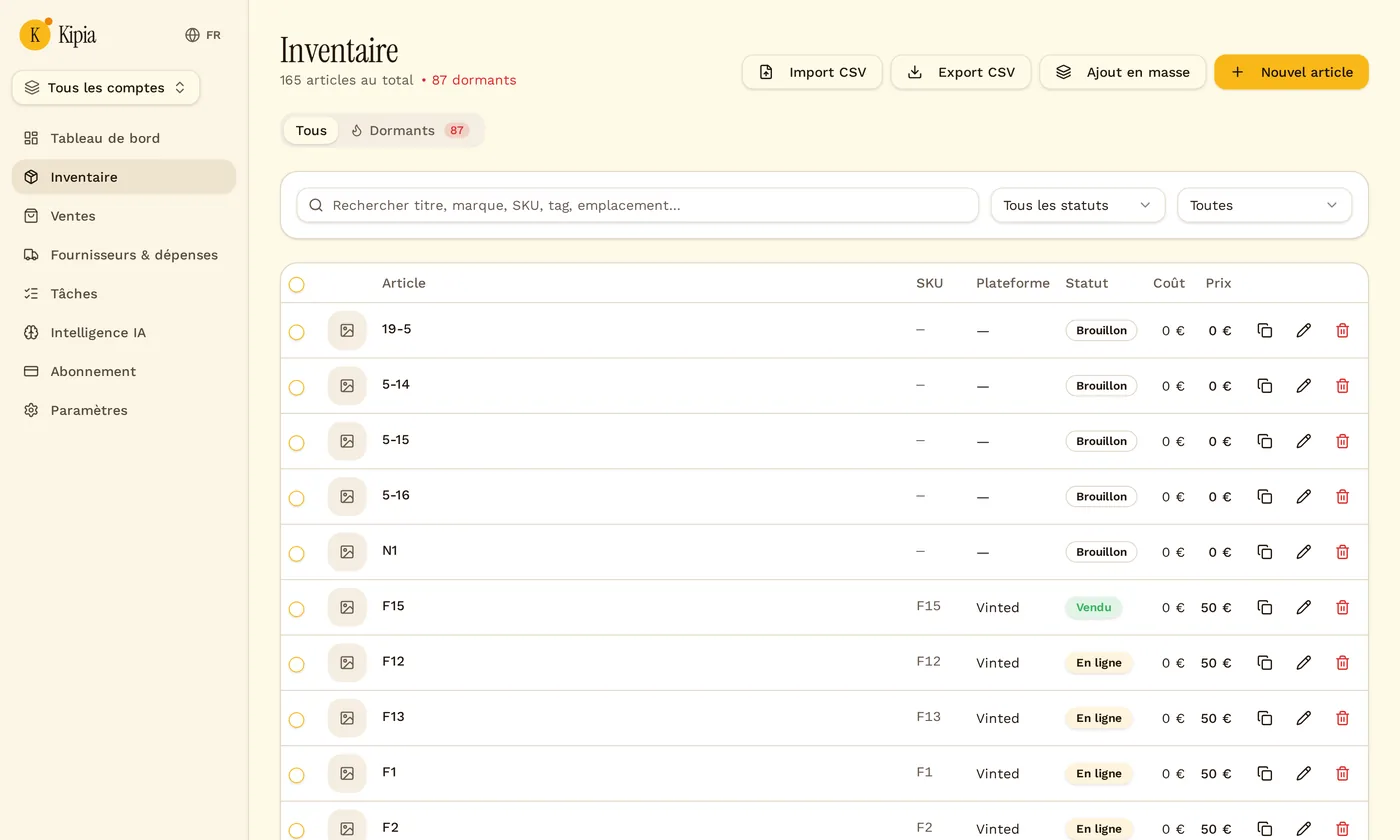 Inventaire Kipia avec la liste des articles, leur statut et leur prix